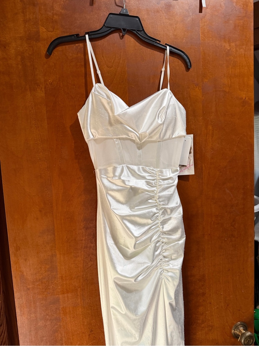 White Satin Ruched Bodycon Dress with Spaghetti Straps